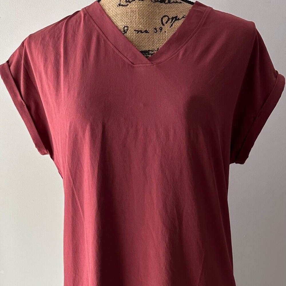 STYLUS Women's Shift Dress V-Neck Short Sleeve XS, Oxblood Red, Very Comfy